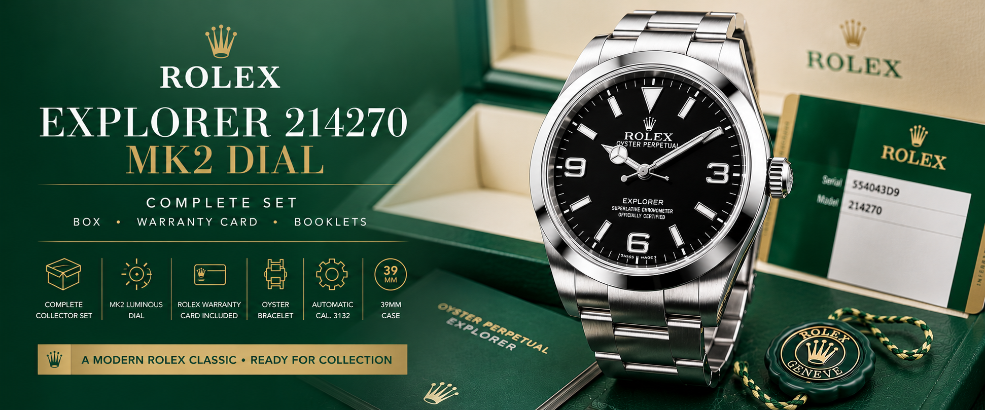 Rolex Explorer 214270 MK2 Dial automatic wristwatch with complete collector set including original Rolex box, warranty card, booklets and hang tag.