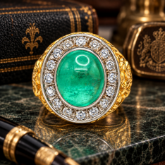 Man’s 18K Gold 9.0 CT Green Emerald & .80 CT Diamond Halo Ring | Size 10