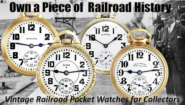 Vintage American railroad pocket watches with bold dials and precision movements.