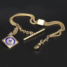 Yellow Gold Filled T-Bar Pocket Watch Chain with Enameled FLT Fob | Vintage Gentleman’s Accessory