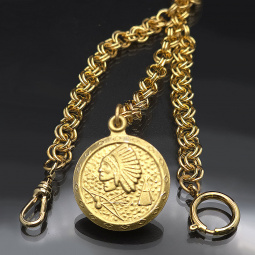 Vintage Gold Plate Pocket Watch Chain w/ Indian Coin Fob 14.5"