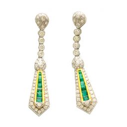 18K WHITE GOLD DIAMOND EMERALD DROP EARRINGS