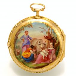 18K Gold Enamel Farm Scene Swing-Out Case Verge Fusee Pocket Watch with Key