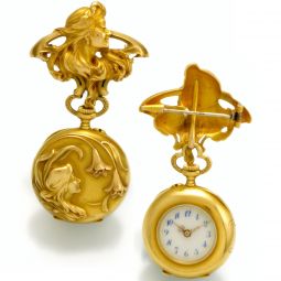 Art Nouveau Embossed 18K Gold Ladies Lapel Watch & Matching Pin