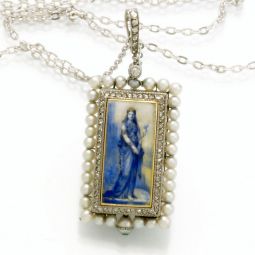 18K Gold, Platinum Pearl, Diamond and Enamel Ladies Pendant Watch Of The Finest Quality