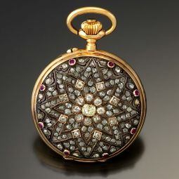 Opulent Victorian Diamond and Ruby Encrusted 14K Gold Case Swiss Pocket Watch