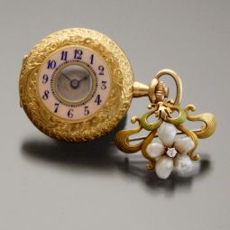 WOMAN'S ART NOUVEAU 18K GOLD ENAMEL DIAMOND & PEARL DEMI-HUNTER PENDANT WATCH CA1920S