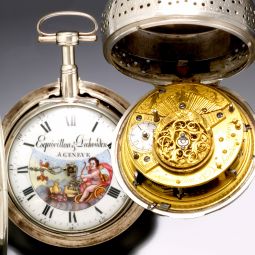 Antique Quarter Hour Repeater Verge Fusee Pocket Watch with Enameled Cherub Dial by Esquivillon & De