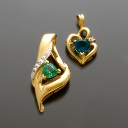 SET OF TWO 14K GOLD DIAMOND AND SYNTHETIC EMERALD HEART PENDANTS