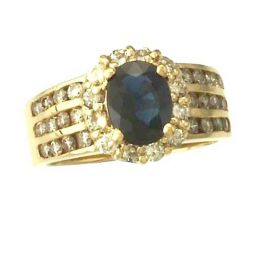 SPECTACULAR 14K GOLD BLUE SAPPHIRE AND DIAMOND STATEMENT RING | SIZE 6