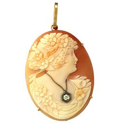 Carnelian Shell Cameo with Diamond Habille Pendant with 14K Rose Gold Frame & Bale
