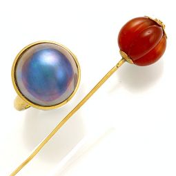 18K Blue Steel Moby Pearl Quality One Ring with a 14K Carnelian Pumpkin Stick-Pin Both of Extreme Qu