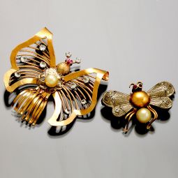 18K Synthetic Diamond & Pearl Butterfly with 18K Ruby Pearl Bumble Bee, Pins for the Lady