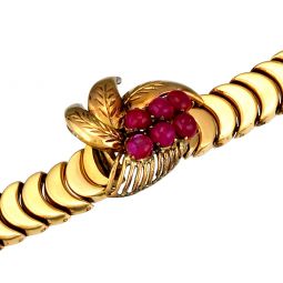 Nouveau Ruby Flower and Leaf Design 14K Yellow Gold Bracelet 6.25” Long
