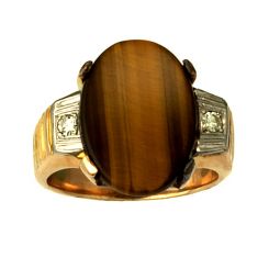 Outstanding Tigers Eye Diamond Ring, 18K Yellow Gold, Size 8.5