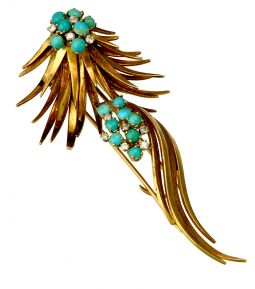 Estate Piece 18K Yellow Gold Diamond Turquoise Fur Pin/Dress Clip