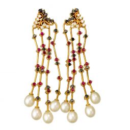 Earrings | Diamond, Ruby, Sapphire and Pearl Rose Gold Chandelier Earrings