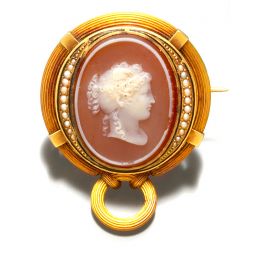 Victorian 18K Gold Stone Cameo Seed Pearl Brooch C. 1880