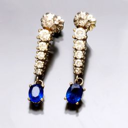 Diamond and Blue Sapphire Drop Earrings | Deco Streamlined Drop 18K White Gold Earrings