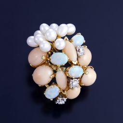 Opal, Coral, Diamond and Pearl Cluster Cocktail Ring