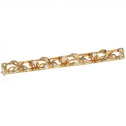 Vintage Diamond & Pearl Openwork Floral Bar Brooch | 14K Yellow Gold