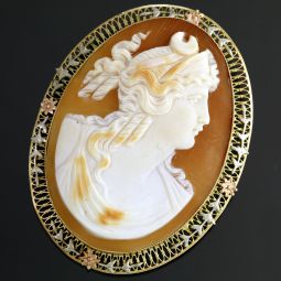Shell Cameo Brooch of Diana Crescent Moon with Ornate Multicolor Gold Frame