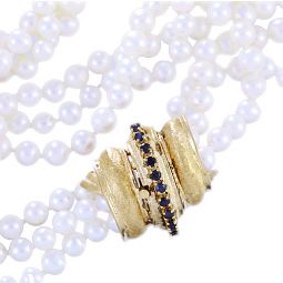 Triple Strand Pearl Rope | Opera Length Pearl Necklace with Yellow Gold Sapphire Clasp