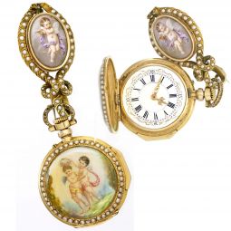 Victorian Enameled Angels Scene 18K Gold Pendant Watch with Seed Pearl Border CA1880s