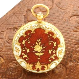 Luxury Swiss Watch | Women's Miniature 18K Gold Enamel Keywind Pocket Watch with Box & Key