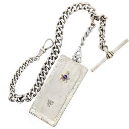 Sterling Silver T-Bar Pocket Watch Chain with White Gold Filled Masonic Locket
