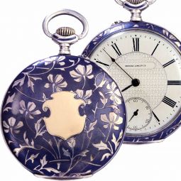 Swiss Pocket Watch | Art Nouveau Niello Enamel Flower Case with Rose Gold Shield Perrenoud & Fils