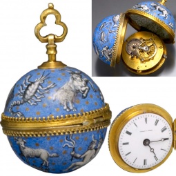 18K Enameled Ball Watch, Verge Fusee Astronomy Themed Decor with all Zodiac Signs