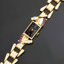 Retro Womens 18K Pink Gold Diamond & Ruby Watch with Full Bracelet