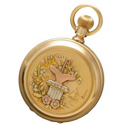 14K Gold Multicolor Gold Drum Style Hunter Case Elgin Pocket Watch with Fancy Dial