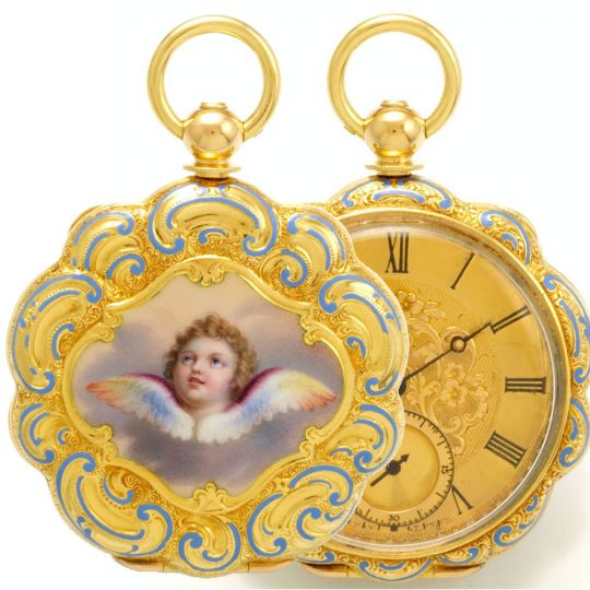 Antique 18K Gold Scalloped Cherub Case Keywind Pocket Watch  display picture 1