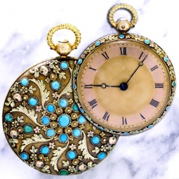 Swiss Verge Fusee Pocket Watch 18K Gold with Inlaid Cabochon Turquoise Stones Case CA1830s