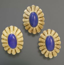 Blue Lapis Lazuli 18K Yellow Gold Flower Ring & Earrings Set Size 5