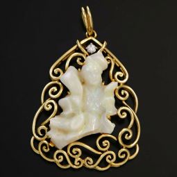 18K Yellow Gold Carved Opal Oriental Goddess with Diamond Pendant
