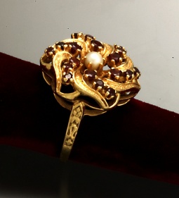 Victorian Garnet Pearl Ring | 14K Yellow Gold Garnet and Pearl Swirl Design Cocktail Ring