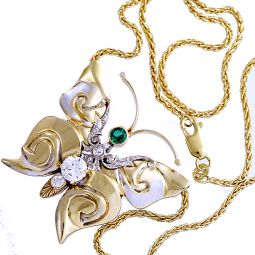 Butterfly Pendant | Emerald and Diamond 14K Yellow Gold Butterfly Pendant with Chain