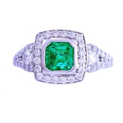 Emerald Diamond Halo Ring | 1.22 CTW Emerald, 1.18 CTW Diamonds, 14K White Gold