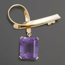FABULOUS DECO 18K ROSE GOLD RIBBON BROOCH WITH 13ct AMETHYST DROP
