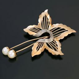 18K Rose and White Gold Openwork Leaf Brooch with Diamond Accepts and Pearl Drops