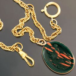 POCKET WATCH CHAIN WITH STONE CAMEO FOB 15" LONG