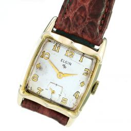 ELGIN WATCH WITH STYLISH CURVED YELLOW GOLD PLATE CASE | CA1950S, SILVER DIAL