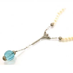 18K WHITE GOLD AQUAMARINE DIAMOND AND PEARL MATINEE LENGTH NECKLACE WITH 5.5 CTS OF DIAMONDS