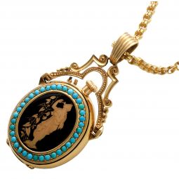 18K Enamel & Turquoise Oval Hunter Case Woman's Pendant Watch with 14K Chain
