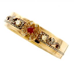 VICTORIAN 14K GOLD ROSE CUT DIAMOND AND RUBY BANGLE BRACELET