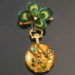 WOMENS GOLD ENAMEL PENDANT WATCH WITH FOUR LEAF CLOVER DESIGN | ANTIQUE CA1900S