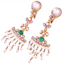 18K GOLD DIAMOND EMERALD AND PEARL CHANDELIER EARRINGS | 1.0 CT TW SI-I DIAMONDS